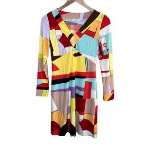 Emilio Pucci Multicolor Iride Abstract Print 100% Silk V-Neck Dress Size 36